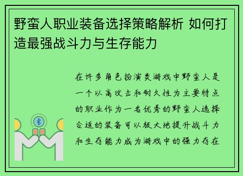 野蛮人职业装备选择策略解析 如何打造最强战斗力与生存能力